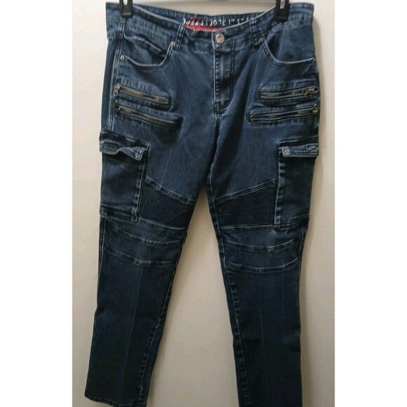 Denim House Mens Dark Wash Biker/Cargo Denim Jeans Zipper 32-32 *Rare* - Picture 2 of 16